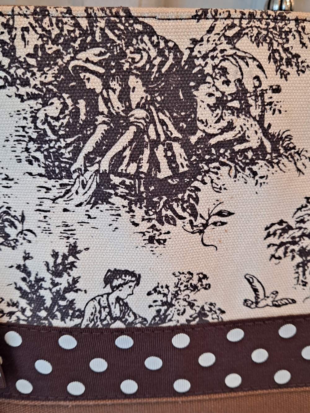 Vivary Vintage Cream Brown Toile De Jouy Tote Satchel Polka-Dot Bow Canvas Bag - Picture 3 of 14